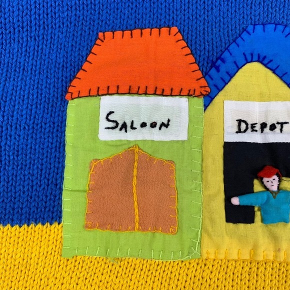 Vintage Andina Blue Yellow Western Town Teacher Sweater TINY FLAW - Picture 9 of 13